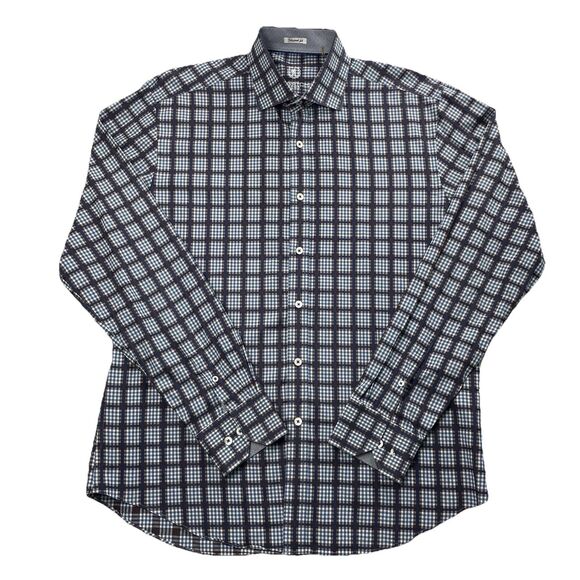 Bugatchi Mens Windowpane Plaid Long Sleeve Button Up Blue Brown- M - Picture 2 of 15